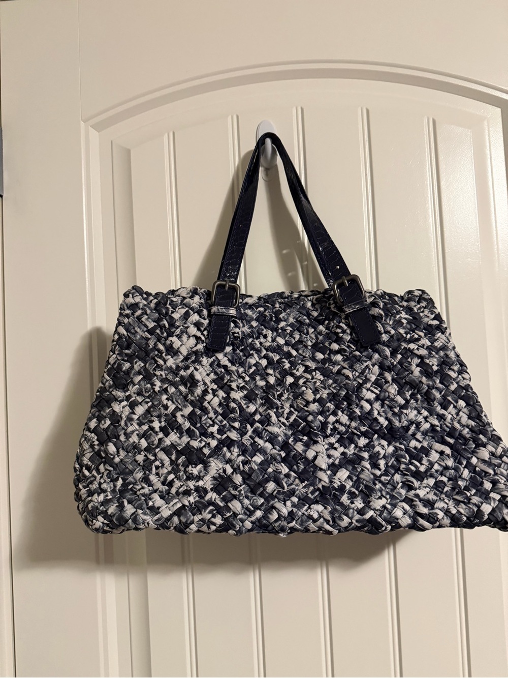 Woven Navy and White Handbag with Navy Straps